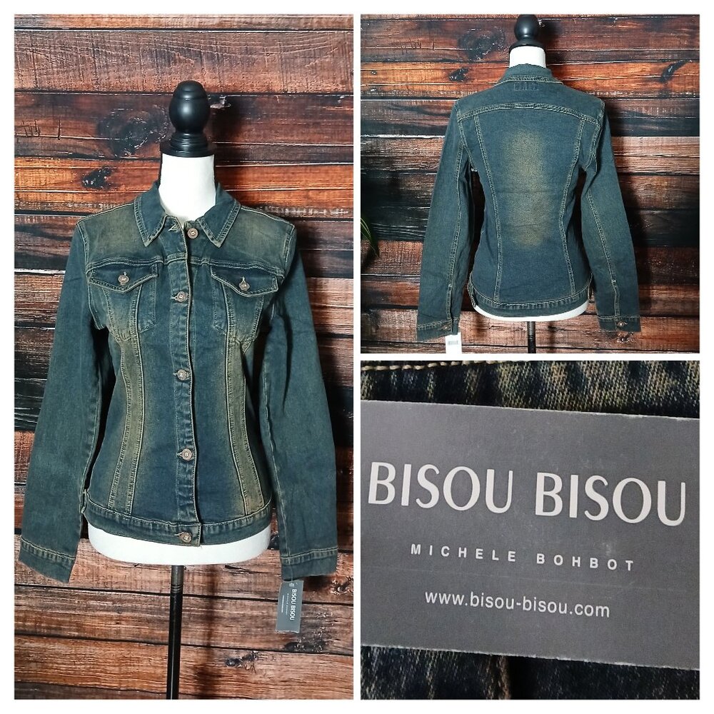 NWT Bisou Bisou Jean Jacket M Fitted Vintage Wash Blue Denim Stretch